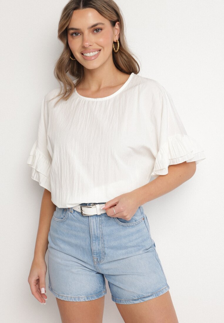new collection Bluză Albă cu Viscoză Tip liliac cu Volane Davienna