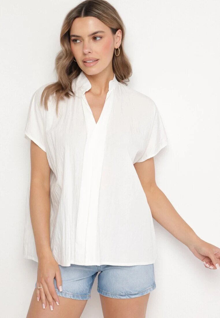 new collection Bluză Albă Tip liliac Oversize din viscoză cu decolteu în V Davilisa