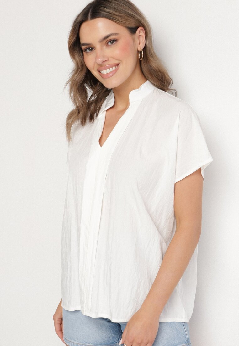 new collection Bluză Albă Tip liliac Oversize din viscoză cu decolteu în V Davilisa