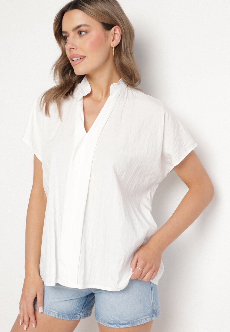 new collection Bluză Albă Tip liliac Oversize din viscoză cu decolteu în V Davilisa