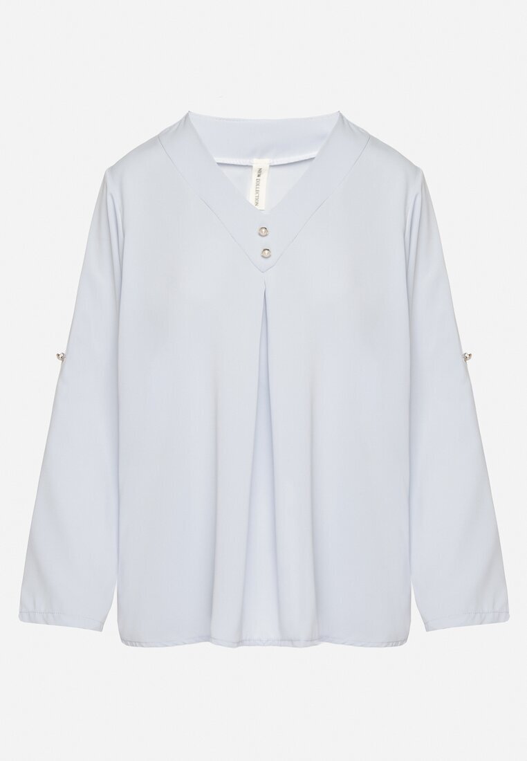 new collection Bluză Albastru deschis cu croi trapezoidal cu decolteu în V și mâneci rulate Aslimi