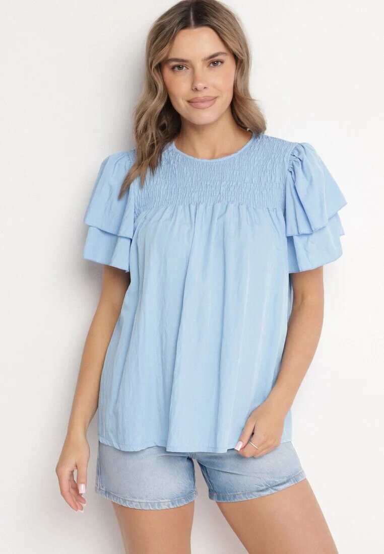 new collection Bluză Albastru deschis din Vâscoză croială Trapezoidală cu Volane și Inserție Elastică Dorlimi