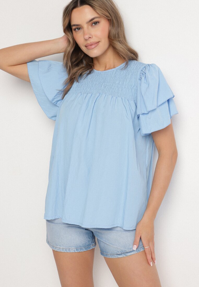 new collection Bluză Albastru deschis din Vâscoză croială Trapezoidală cu Volane și Inserție Elastică Dorlimi