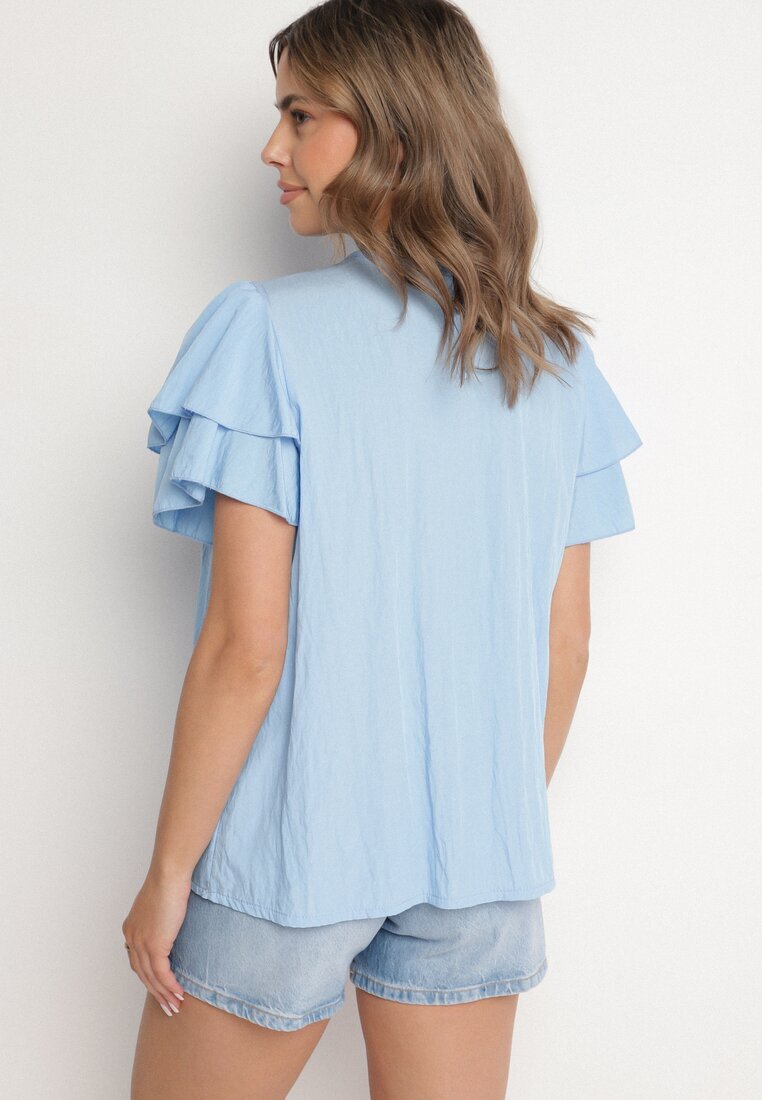 new collection Bluză Albastru deschis din Vâscoză croială Trapezoidală cu Volane și Inserție Elastică Dorlimi