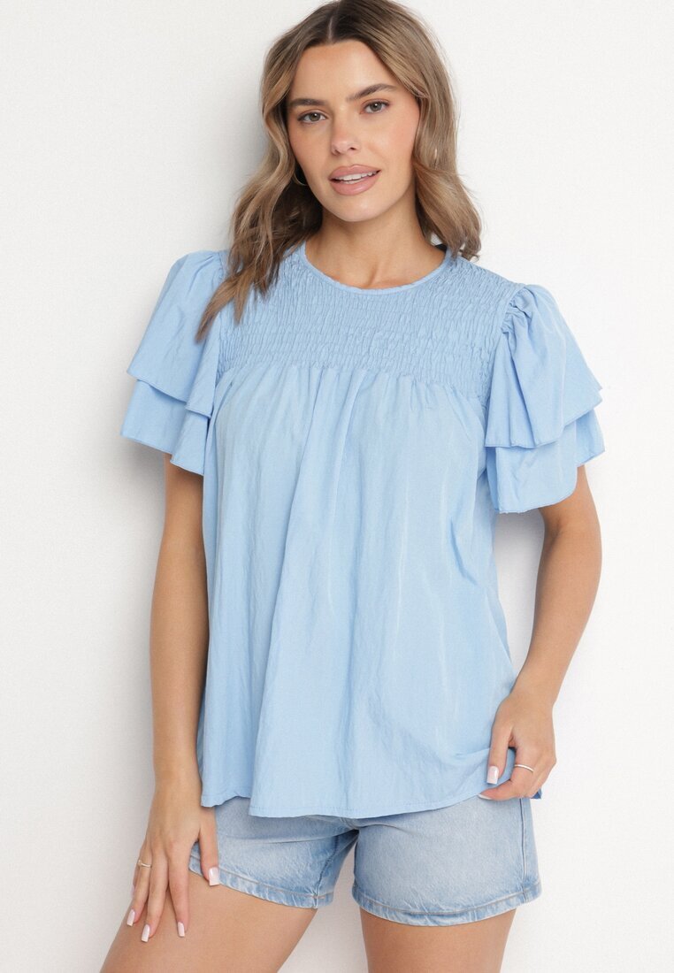 new collection Bluză Albastru deschis din Vâscoză croială Trapezoidală cu Volane și Inserție Elastică Dorlimi
