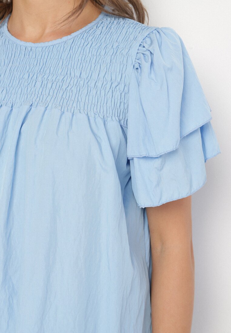 new collection Bluză Albastru deschis din Vâscoză croială Trapezoidală cu Volane și Inserție Elastică Dorlimi