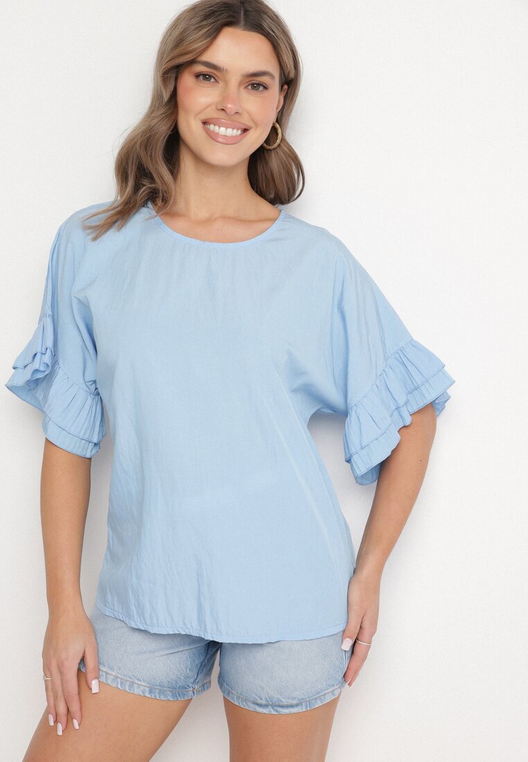 new collection Bluză Albastru deschis din Viscoză Tip Liliac cu Volane Davienna