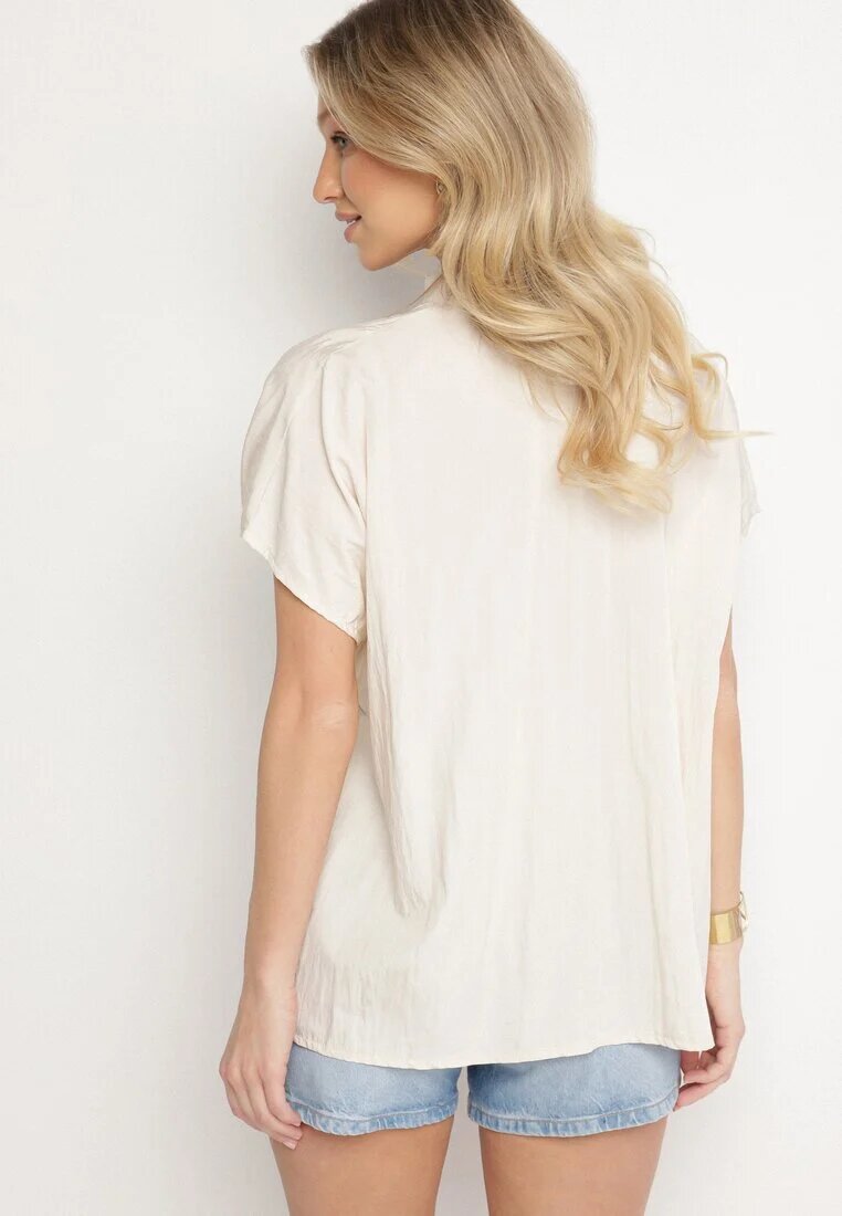 new collection Bluză Bej cu Mâneci Liliac Oversize din Viscoză cu Decolteu în V Davilisa