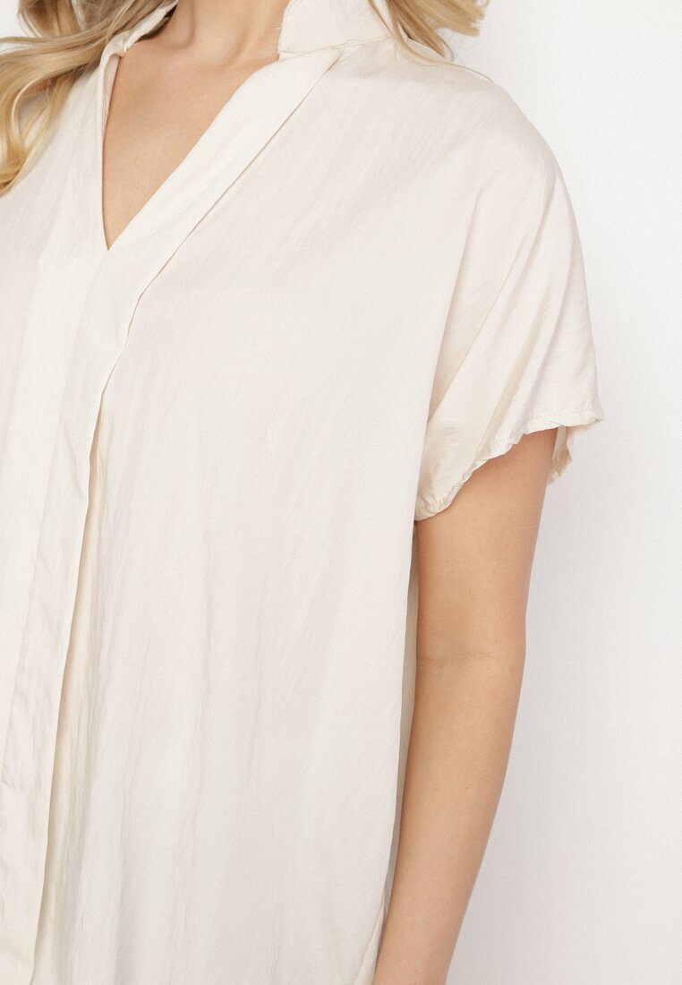 new collection Bluză Bej cu Mâneci Liliac Oversize din Viscoză cu Decolteu în V Davilisa