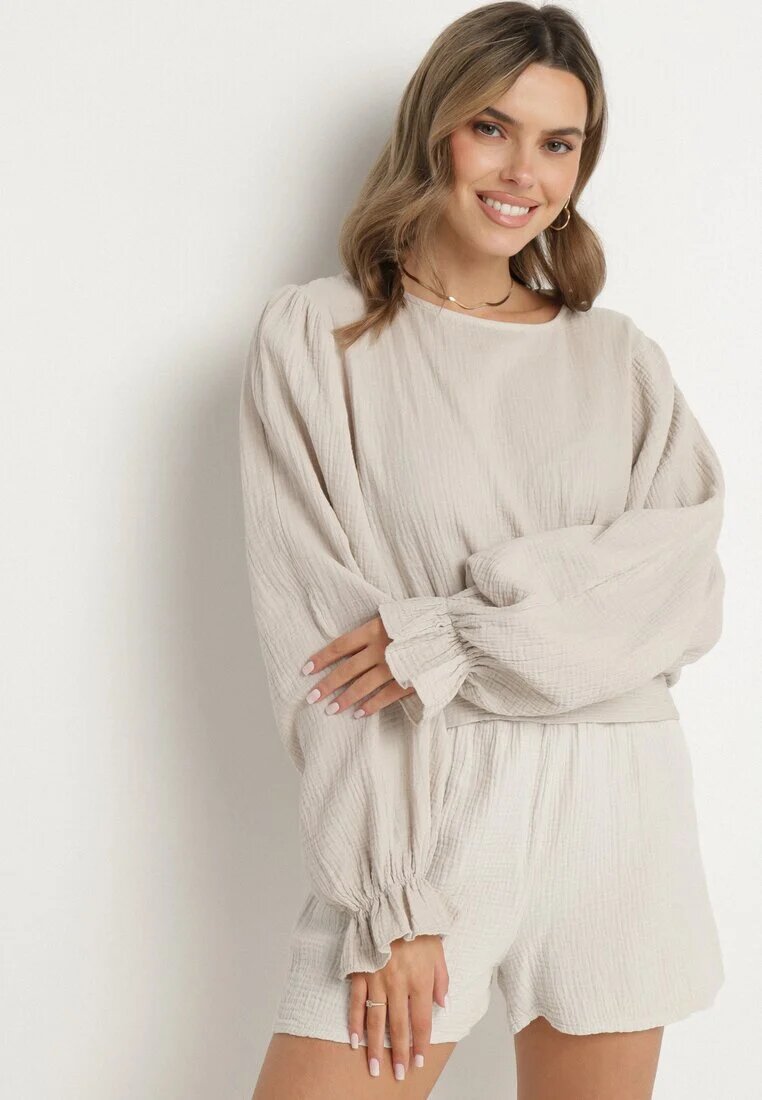 new collection Bluză Bej din bumbac cu croială tip liliac cu legătură Sepene