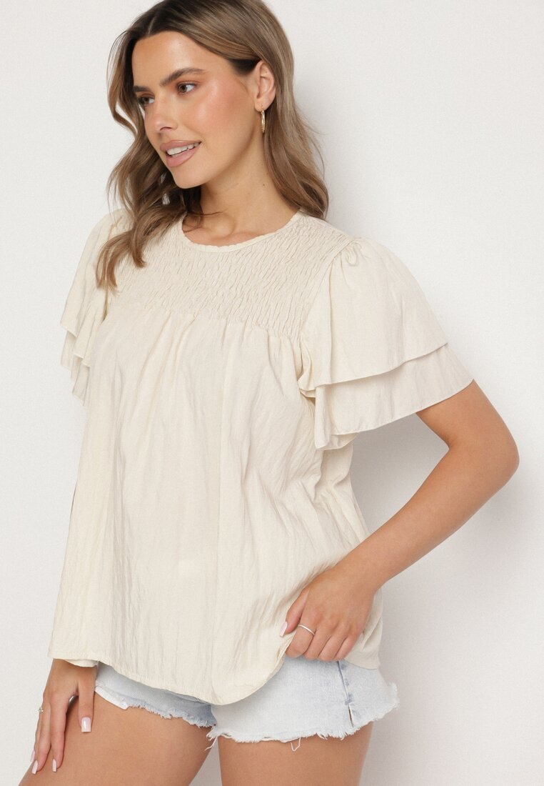 new collection Bluză Bej din Viscoză cu Croială Trapezoidală cu Volane și Inserție Elastică Dorlimi