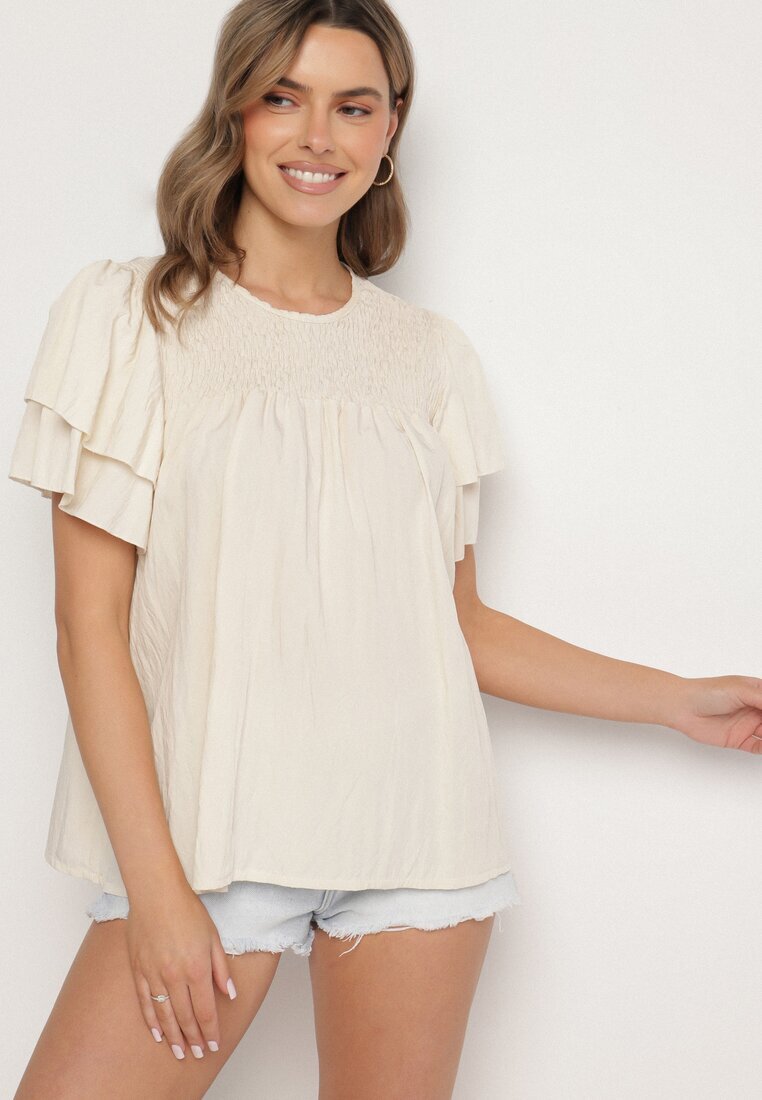 new collection Bluză Bej din Viscoză cu Croială Trapezoidală cu Volane și Inserție Elastică Dorlimi