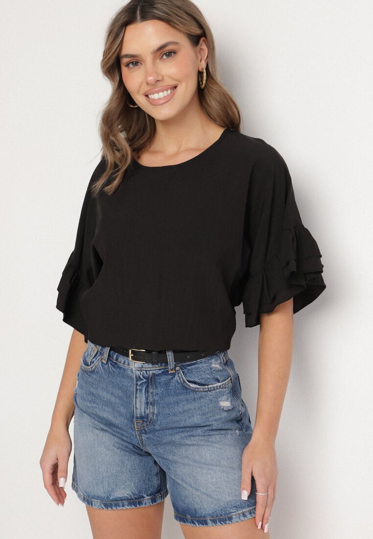new collection Bluză Neagră din vâscoză Tip liliac cu volane Davienna