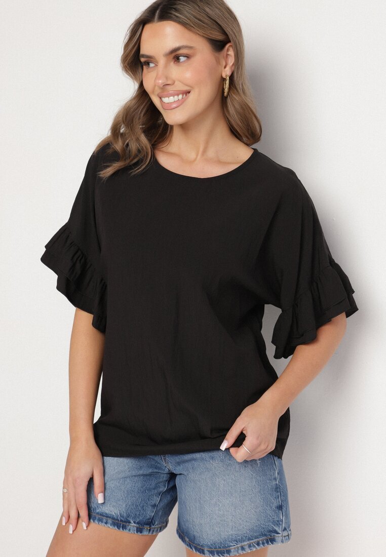 new collection Bluză Neagră din vâscoză Tip liliac cu volane Davienna