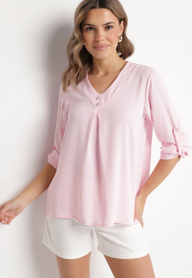 new collection Bluză Roz cu croi trapezoidal cu decolteu în V și cu mâneci rulate Aslimi
