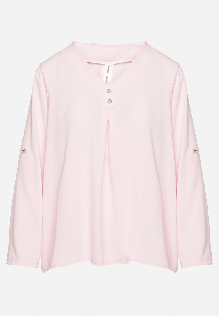 new collection Bluză Roz cu croi trapezoidal cu decolteu în V și cu mâneci rulate Aslimi