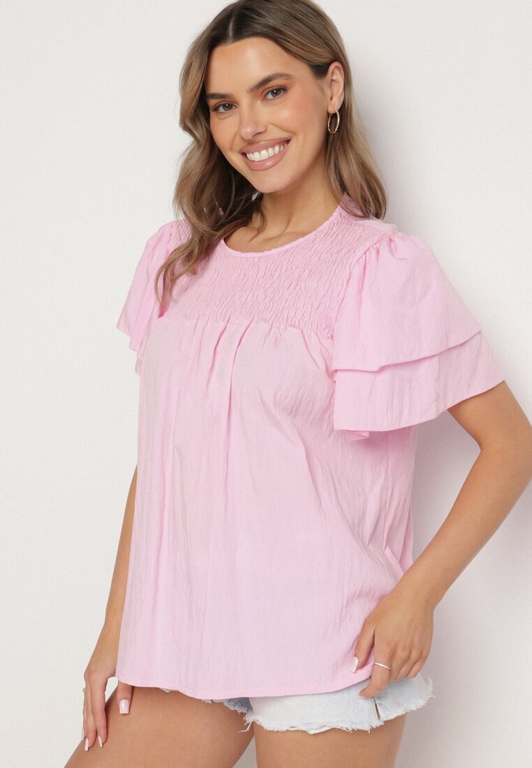 new collection Bluză roz cu Vâscoză cu croială trapezoidală cu Volănașe și Inserție Elastică Dorlimi