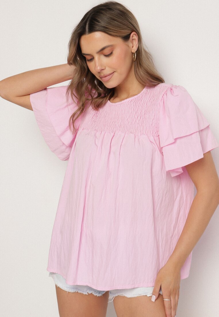 new collection Bluză roz cu Vâscoză cu croială trapezoidală cu Volănașe și Inserție Elastică Dorlimi