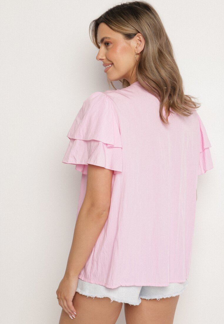 new collection Bluză roz cu Vâscoză cu croială trapezoidală cu Volănașe și Inserție Elastică Dorlimi