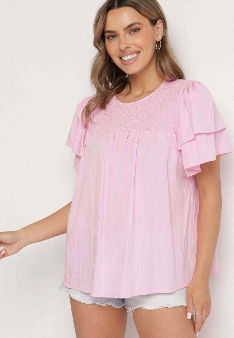 new collection Bluză roz cu Vâscoză cu croială trapezoidală cu Volănașe și Inserție Elastică Dorlimi