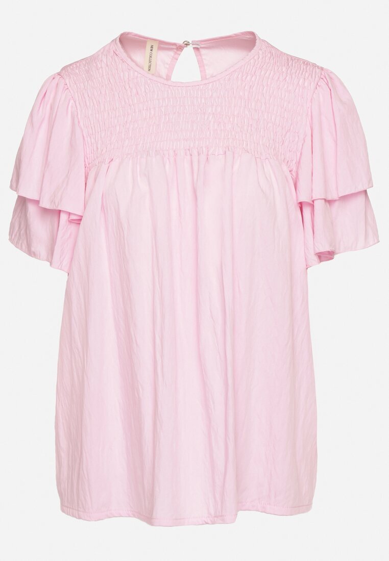 new collection Bluză roz cu Vâscoză cu croială trapezoidală cu Volănașe și Inserție Elastică Dorlimi