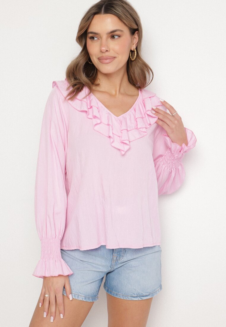 new collection Bluză Roză din Viscoză în Stil Rustic cu Volane Finlimi