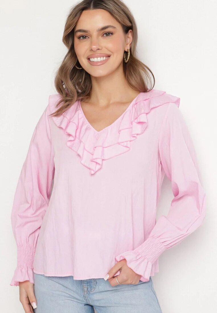 new collection Bluză Roză din Viscoză în Stil Rustic cu Volane Finlimi