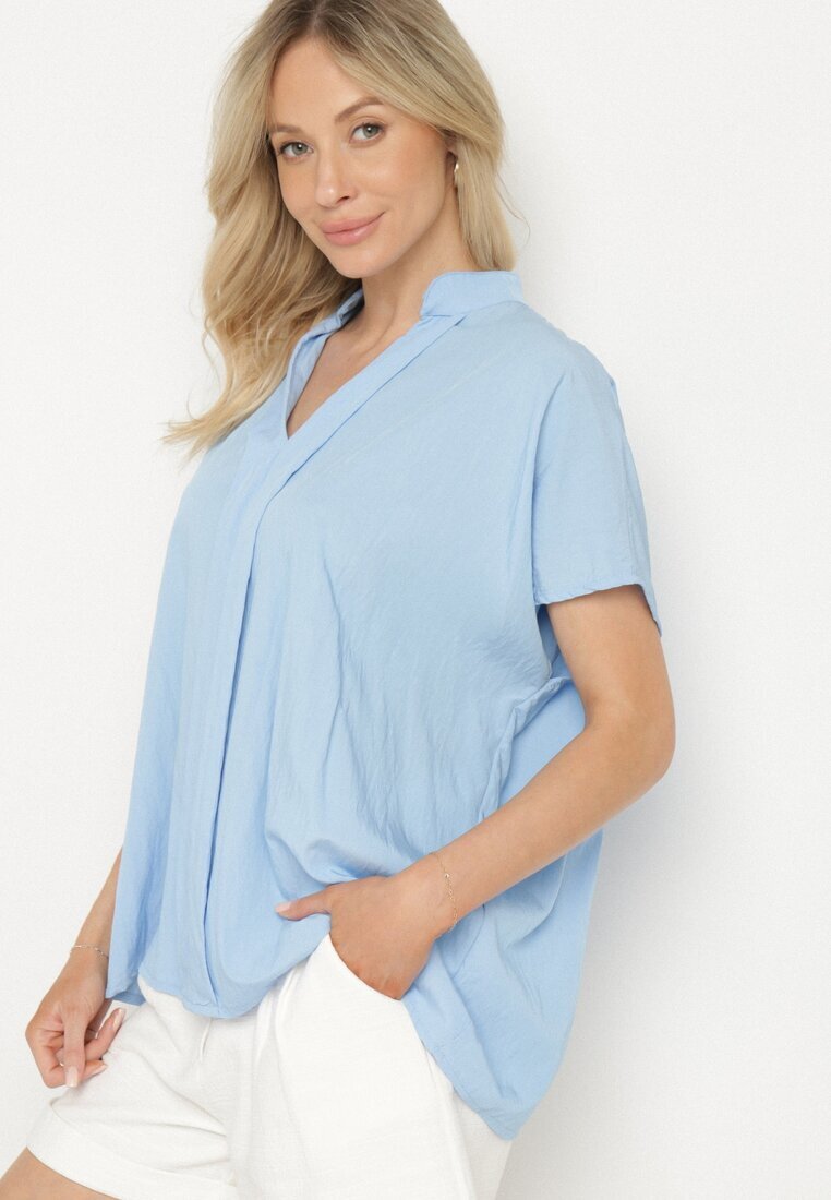 new collection Bluză Supradimensionată Tip Liliac cu Decolteu în V din Vâscoză Albastru Deschis Davilisa