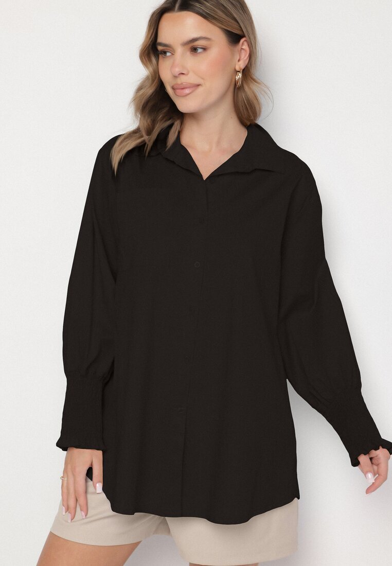 new collection Cămașă neagră din bumbac cu mâneci încrețite și volane Tanandoria
