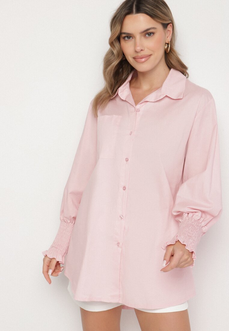 new collection Cămașă roz deschis de bumbac cu mâneci încrețite și volane Tanandoria