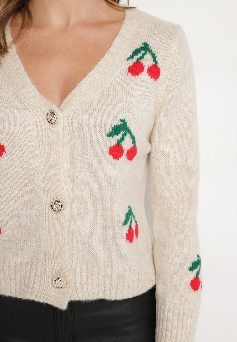 new collection Cardigan Bej cu Decolteu în V Decorat cu Model cu Cireșe Neliviel