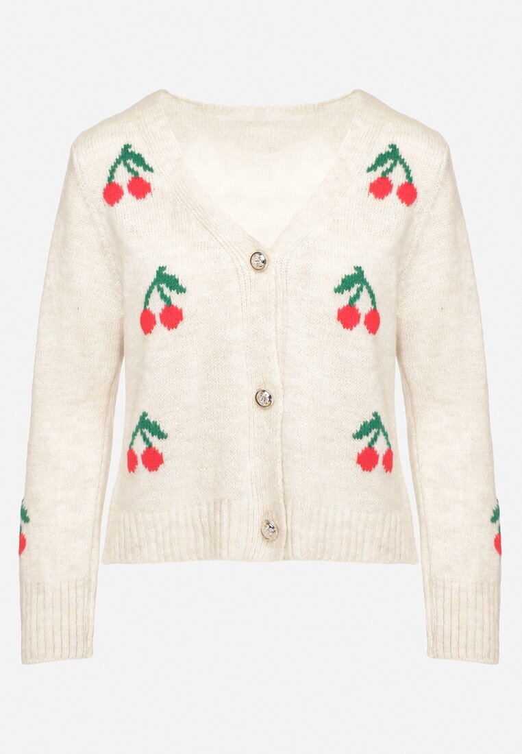 new collection Cardigan Bej cu Decolteu în V Decorat cu Model cu Cireșe Neliviel