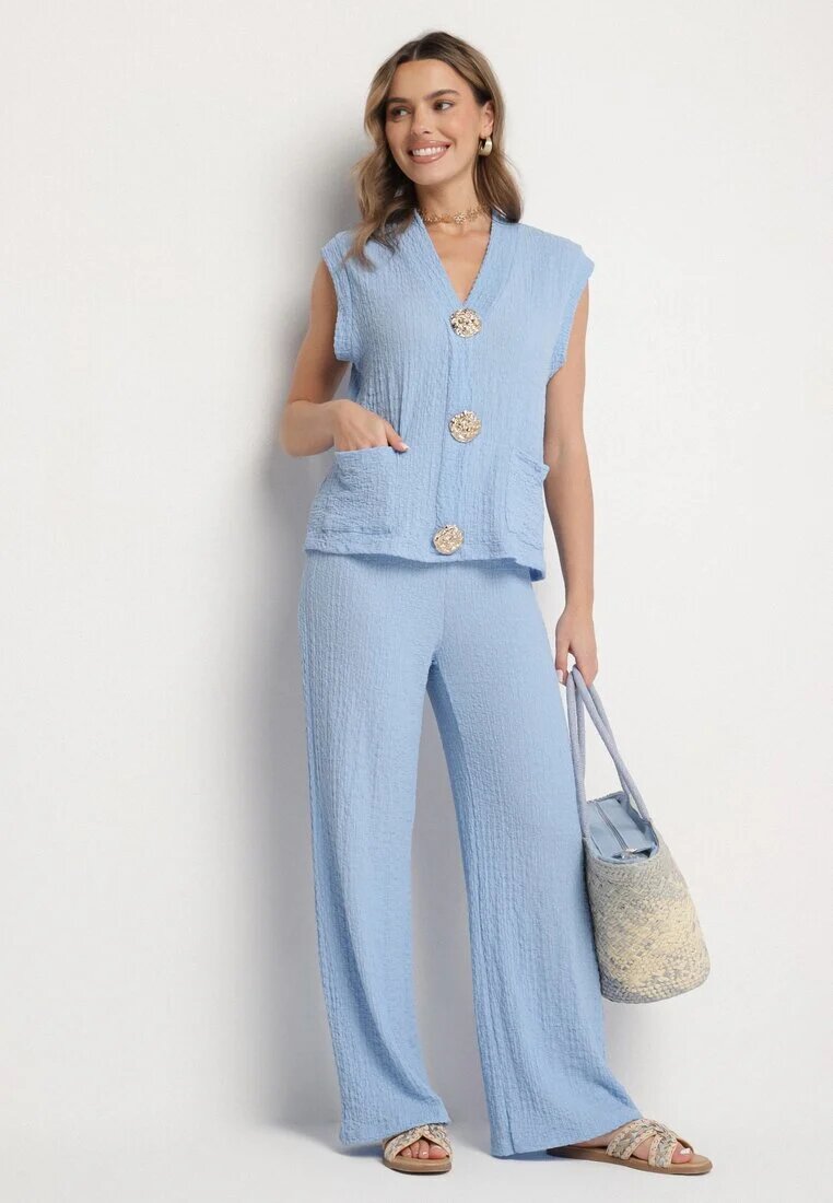 new collection Compleu Albastru Bluză fără mâneci Decorată cu broșe și Pantaloni largi Sadaniae