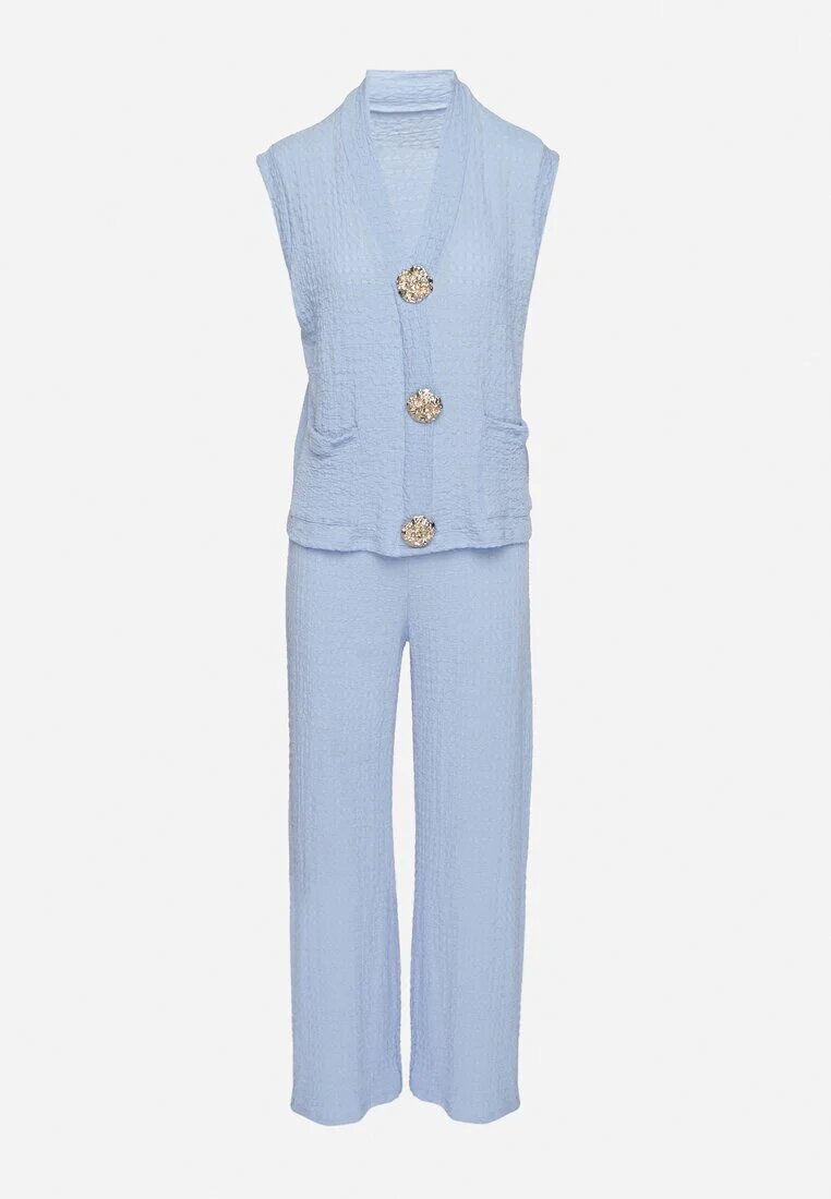 new collection Compleu Albastru Bluză fără mâneci Decorată cu broșe și Pantaloni largi Sadaniae