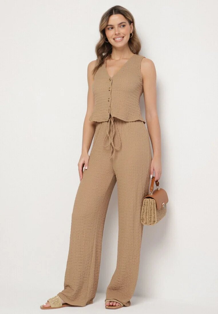 new collection Compleu maro Vestă cu decolteu în V și Pantaloni largi cu șnur Sadonelle