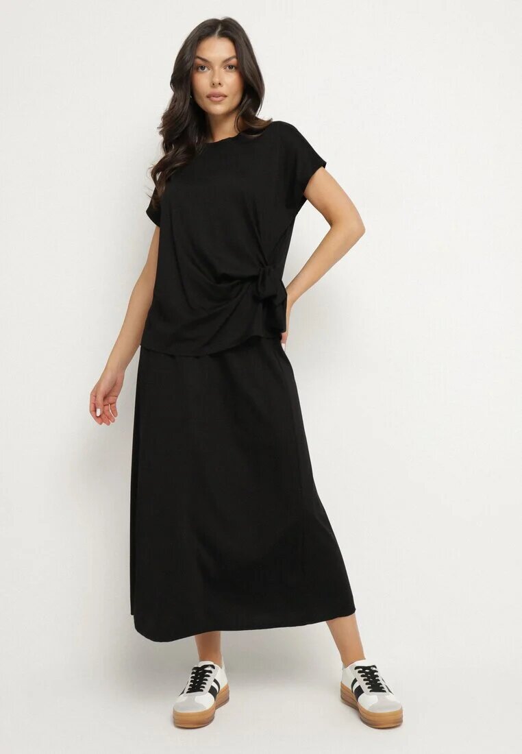 new collection Compleu Negru cu Viscoză Fustă și Bluză cu Legătură Davissael