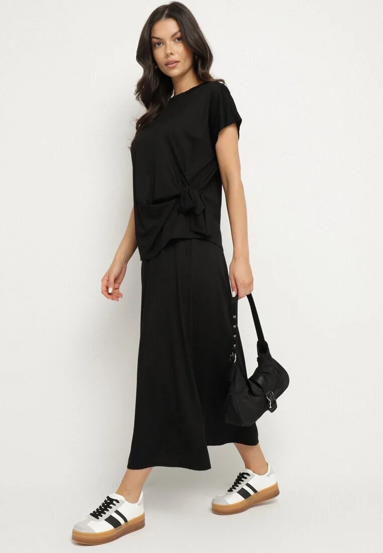 new collection Compleu Negru cu Viscoză Fustă și Bluză cu Legătură Davissael