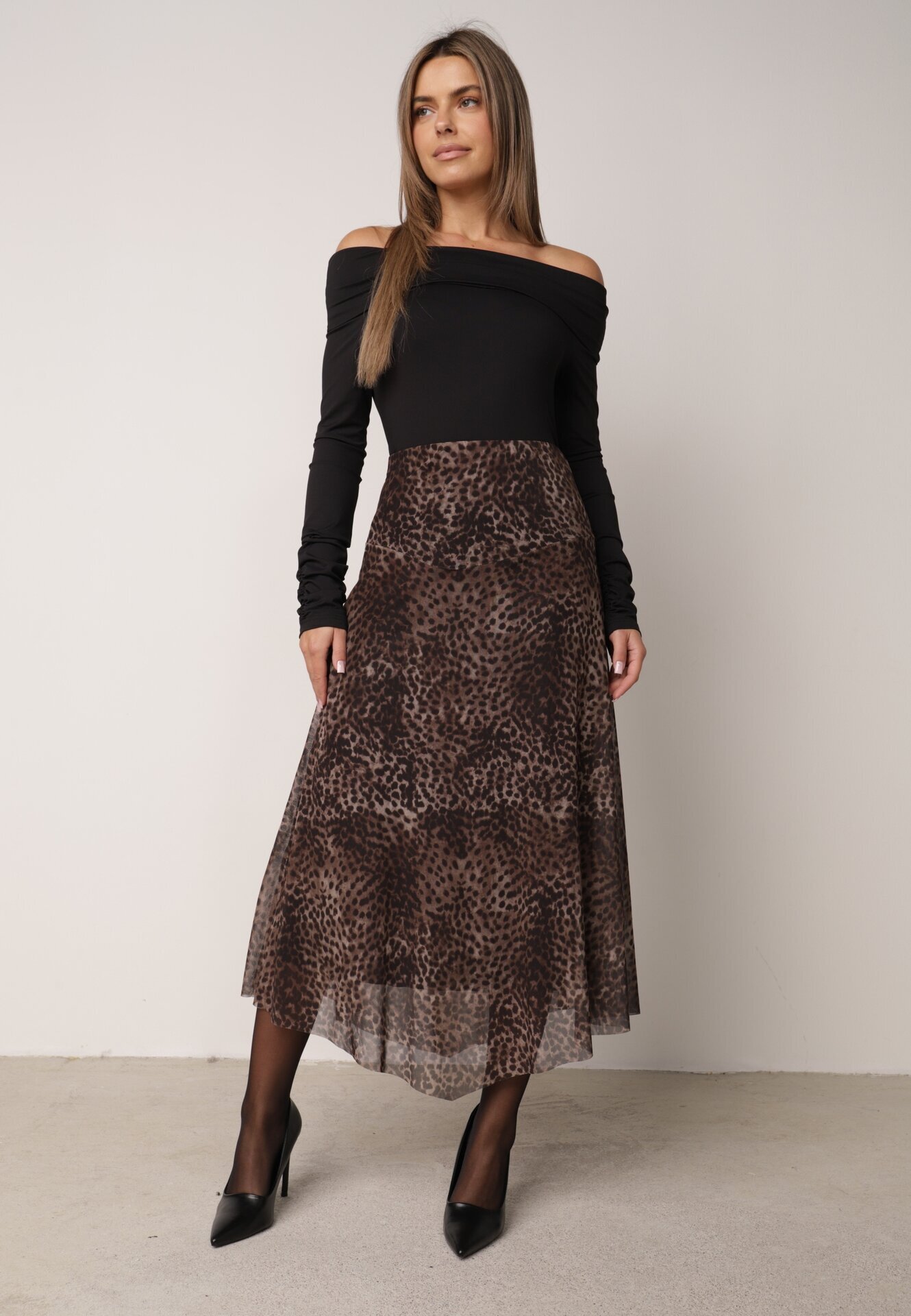 new collection Fustă din vâscoză din șifon cu imprimeu leopard și margine neregulată Pamenella Maro