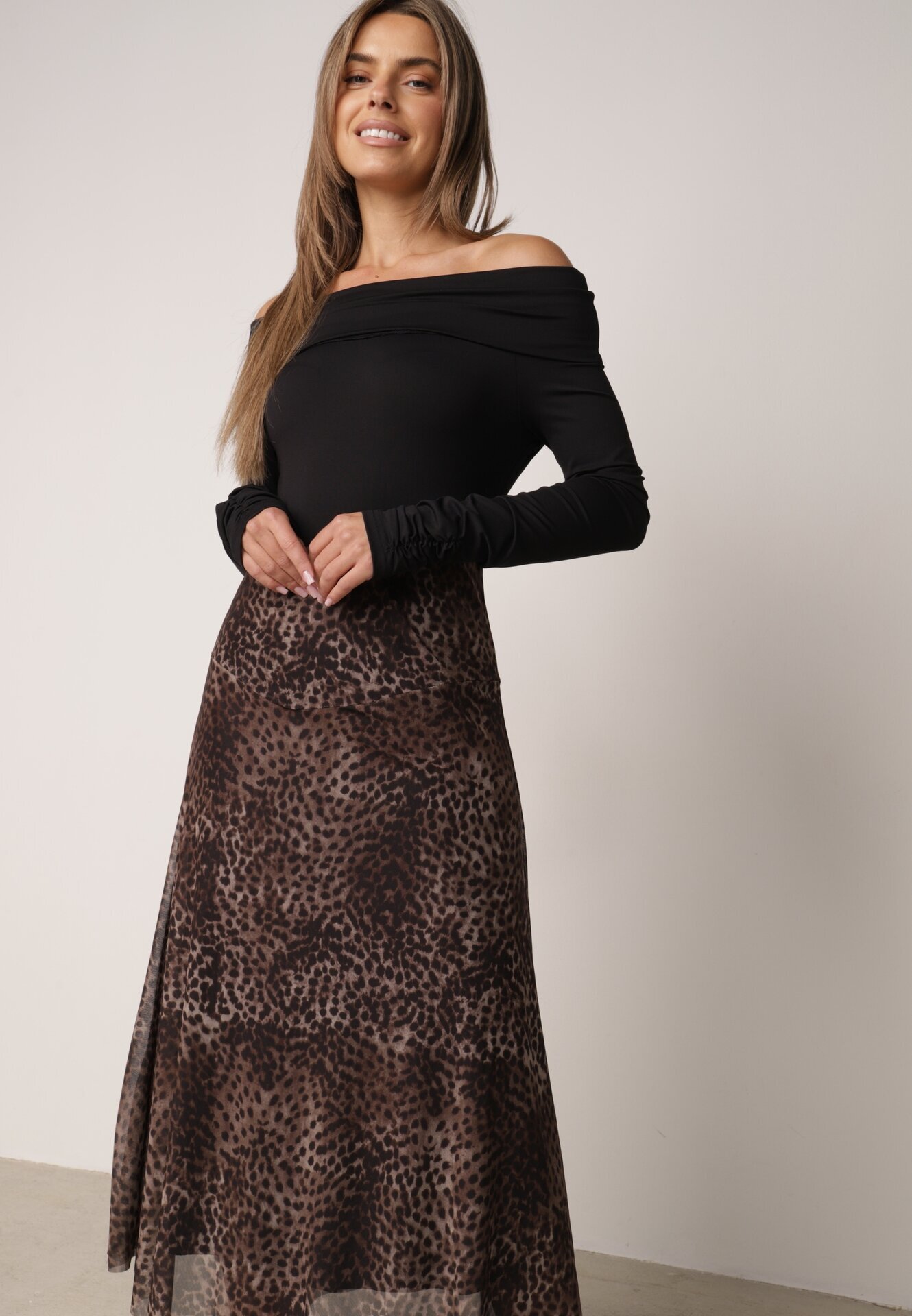 new collection Fustă din vâscoză din șifon cu imprimeu leopard și margine neregulată Pamenella Maro
