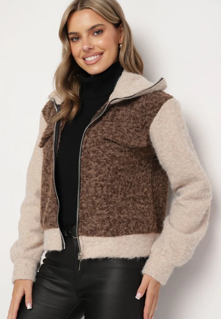 new collection Geacă de tranziție Maro din țesătură Boucle cu croi drept cu guler înalt Lilwanea