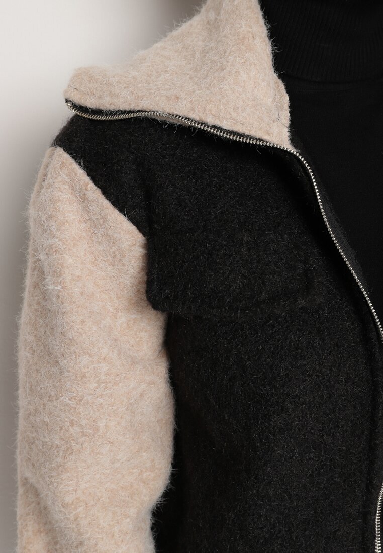 new collection Geacă de tranziție Negru-bej din țesătură Boucle cu croială dreaptă și guler înalt Lilwanea