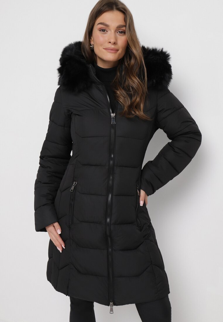 new collection Geacă Neagră Matlasată până la genunchi cu Glugă și Blană Ovlla