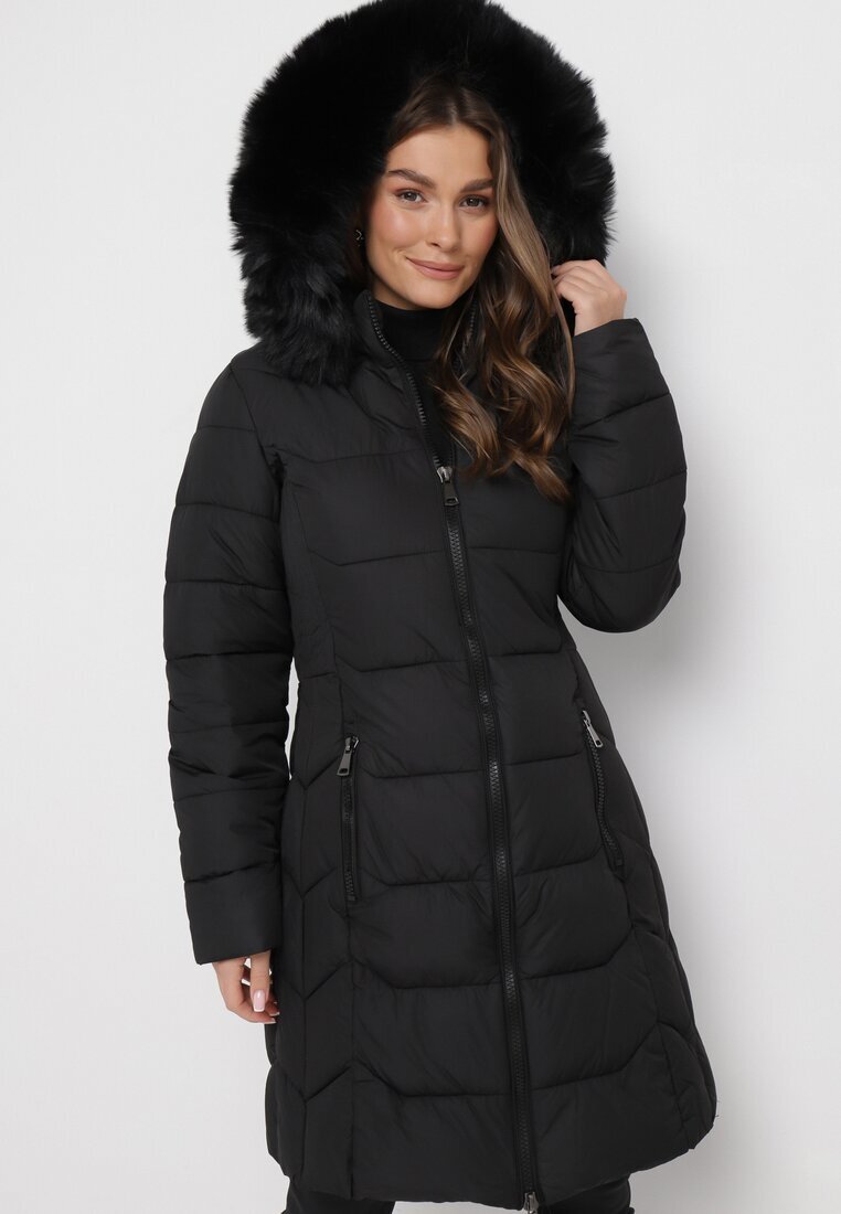 new collection Geacă Neagră Matlasată până la genunchi cu Glugă și Blană Ovlla