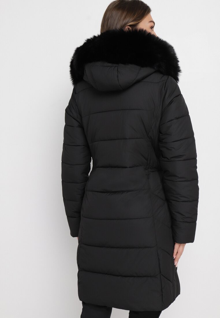 new collection Geacă Neagră Matlasată până la genunchi cu Glugă și Blană Ovlla