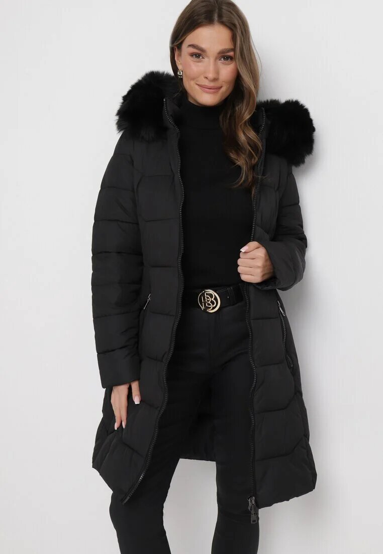 new collection Geacă Neagră Matlasată până la genunchi cu Glugă și Blană Ovlla