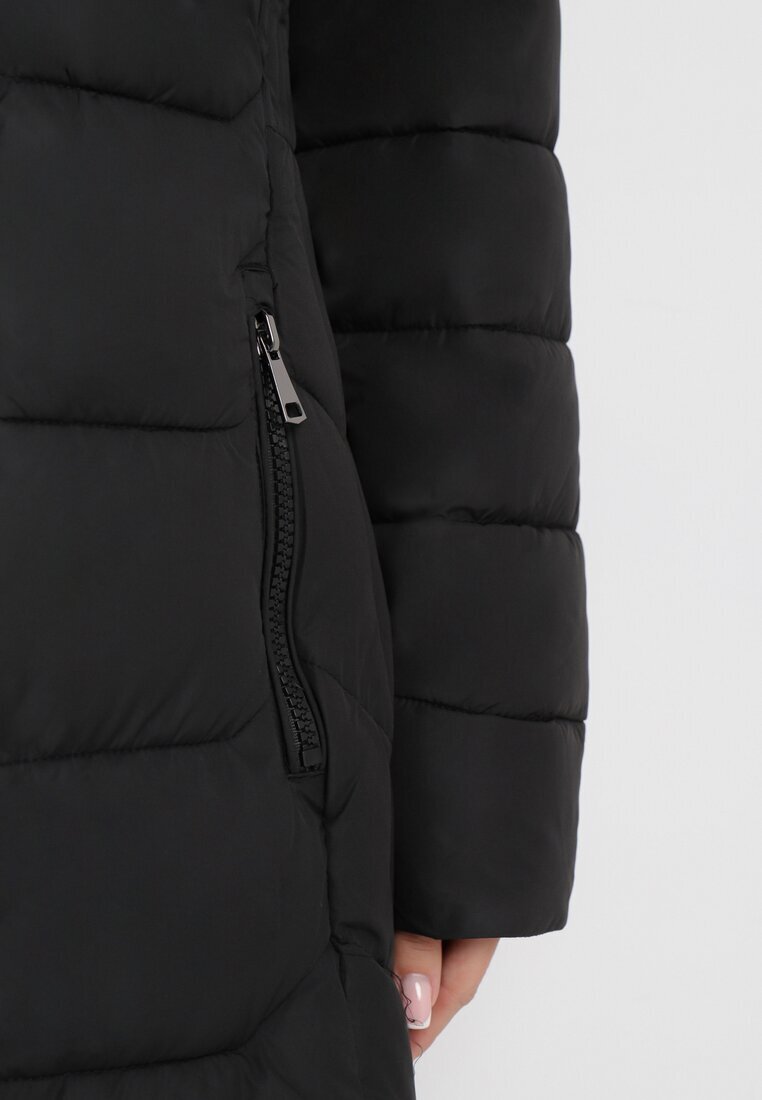 new collection Geacă Neagră Matlasată până la genunchi cu Glugă și Blană Ovlla