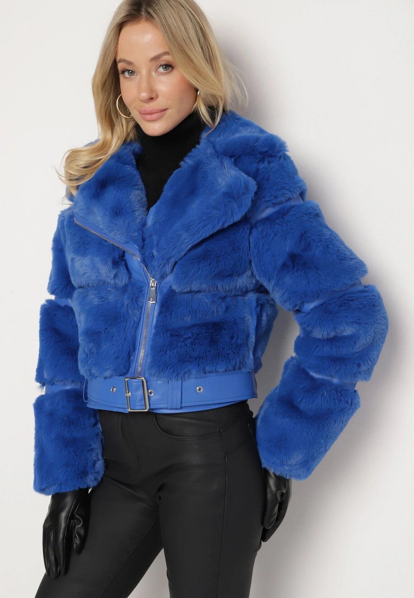 new collection Jachetă de blană bleumarin cu curea decorativă Sirunis