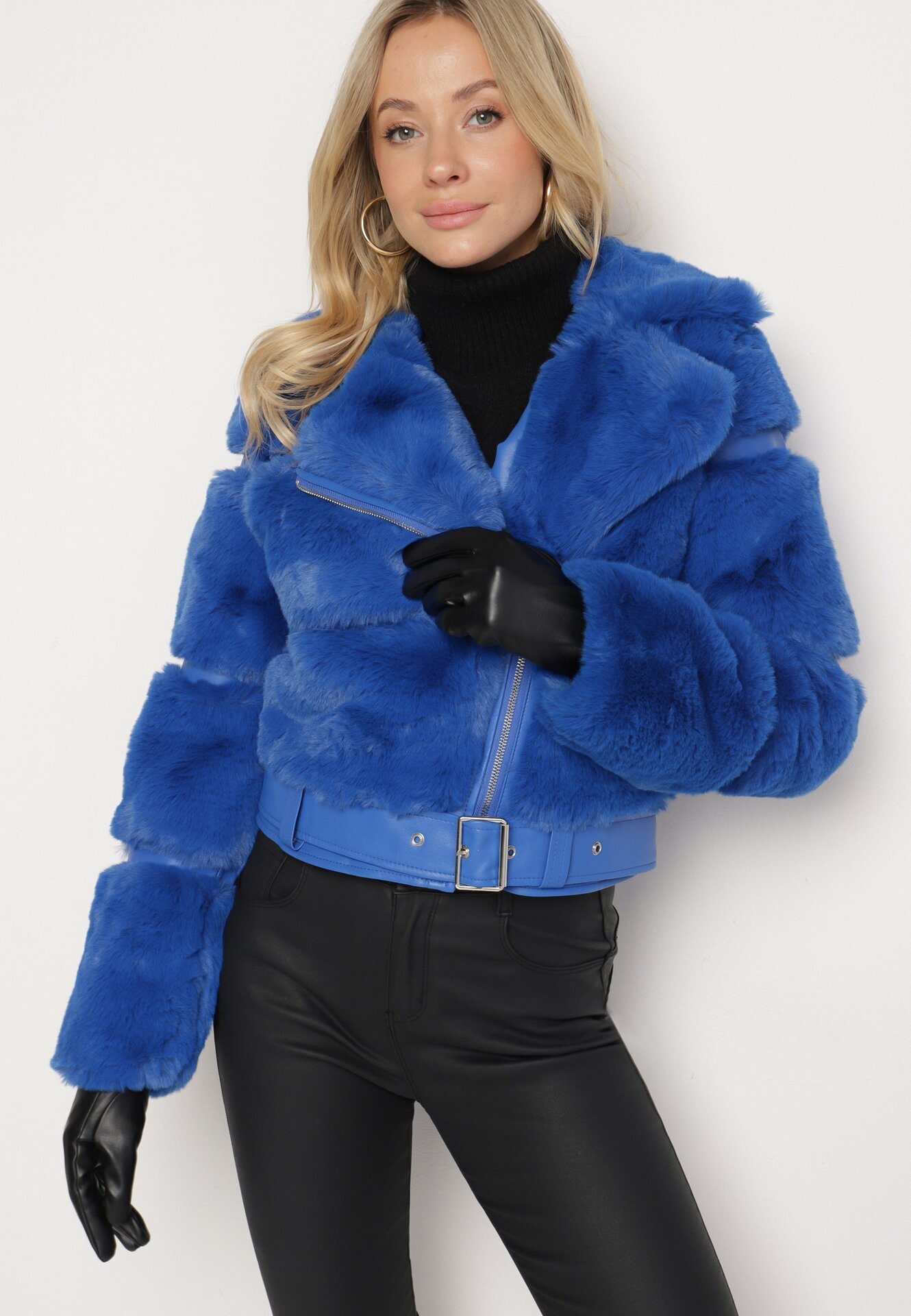 new collection Jachetă de blană bleumarin cu curea decorativă Sirunis