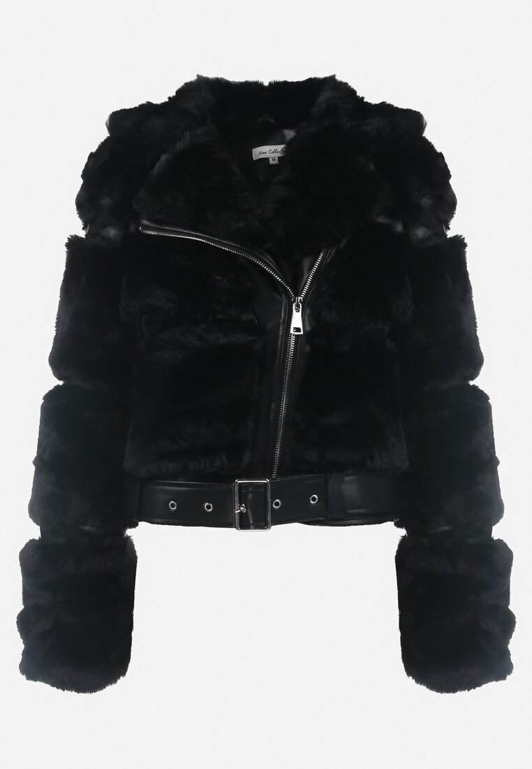 new collection Jachetă Neagră Blănoasă cu Curea Decorativă Sirunis