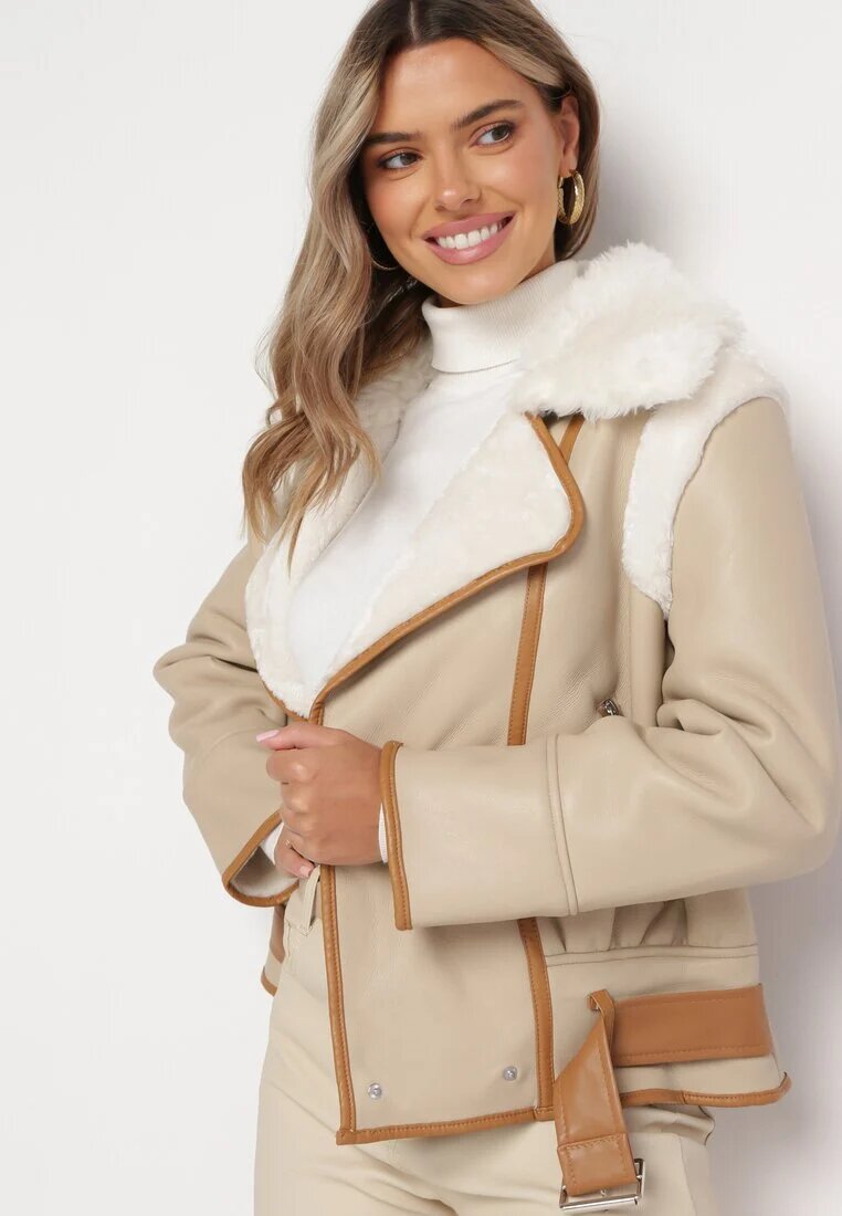 new collection Jachetă pilot bej cu bordură bej cu guler cu blană și curea Divona